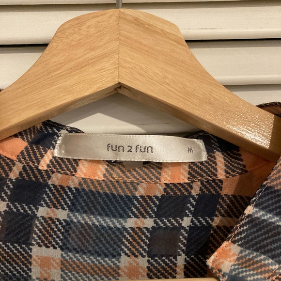 SOLD fun 2 fun Plaid Sheer Roll Sleeve Hi Low Blouse in Peachy Pink and Navy - Picture 2 of 6